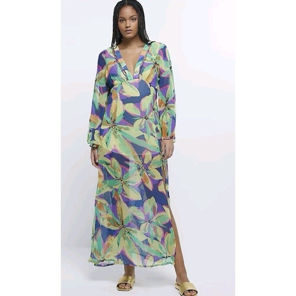 River Island open back beach maxi dress - Beaded Tropical Print Size M Green - Picture 3 of 12